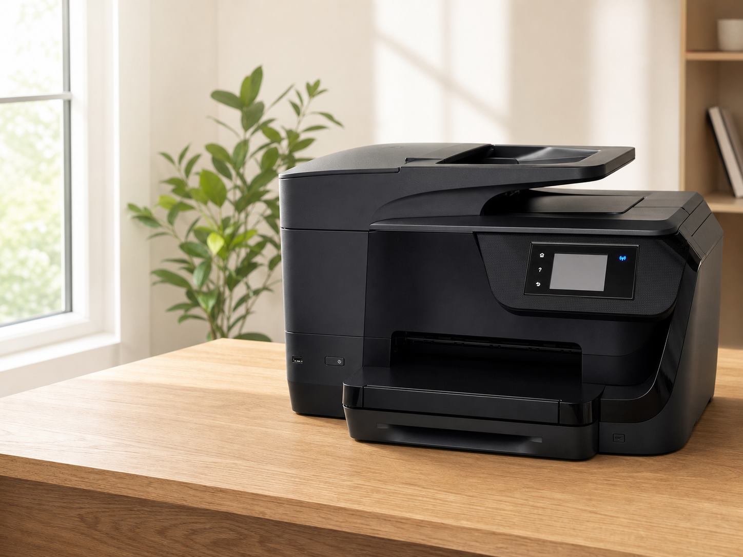 원목 테이블 위 HP OfficeJet Pro 8710