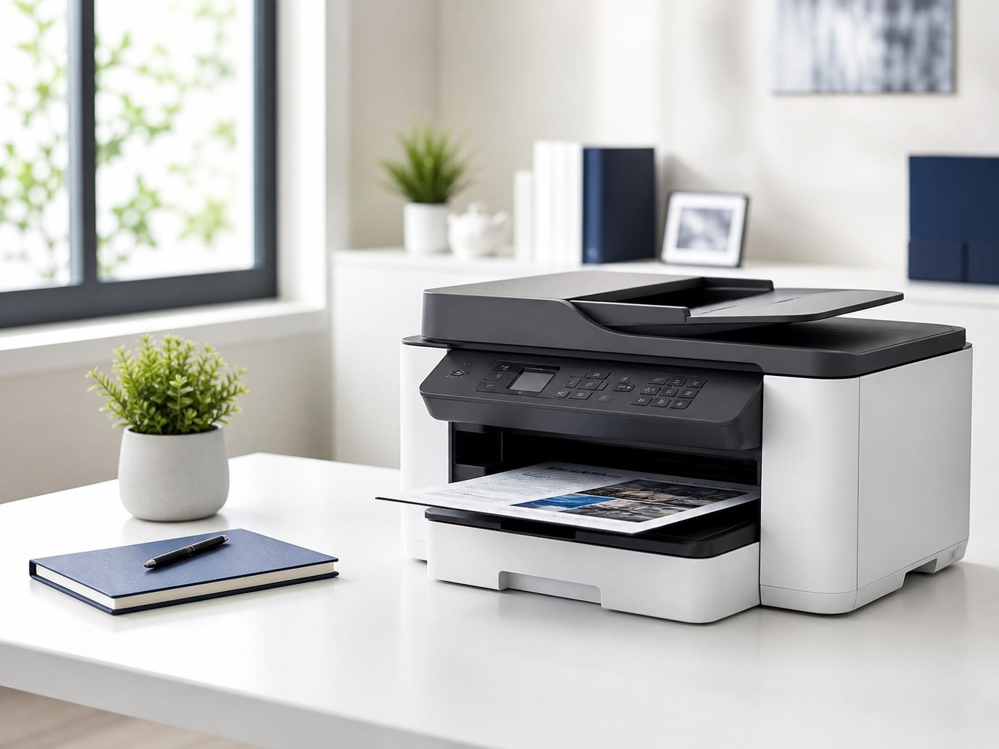 원목 테이블 위 HP OfficeJet Pro 8710 프린터